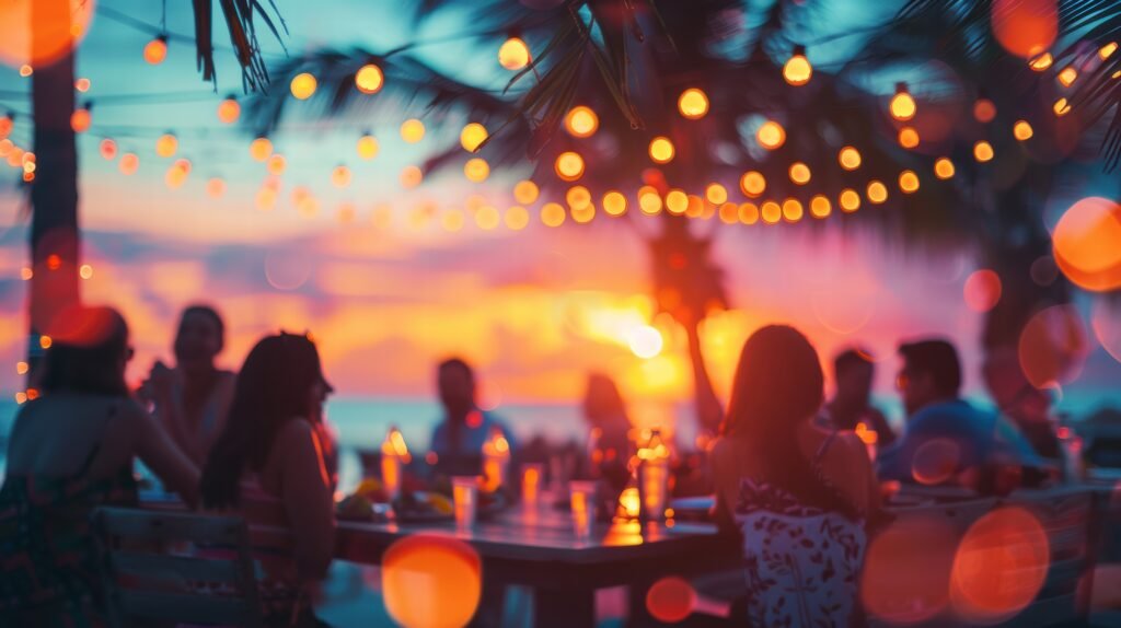 Summer party, hazy and blurred at sunset.