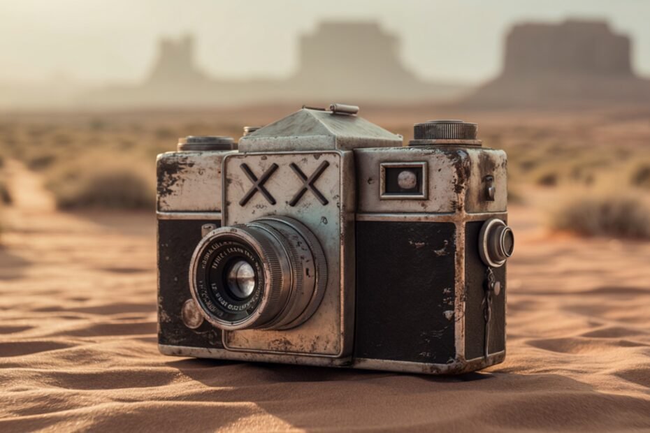 worn camera in the desert. AI generated.